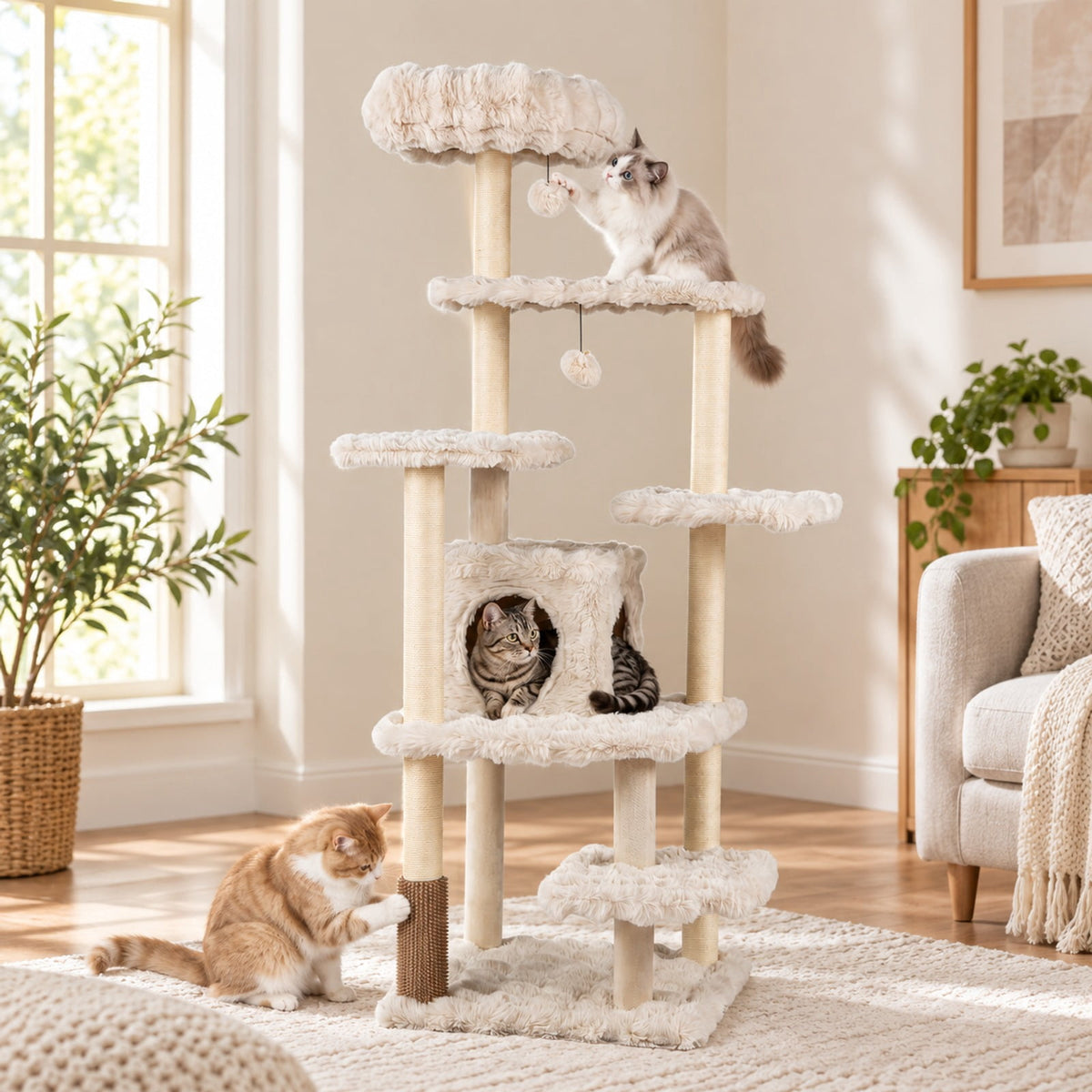 Airfind 67 Inch Multi-level Cat Tree with Large Cat Condo and Padded Perch, 22 lbs Capacity, Polyester Fabric PP Cotton Sisal Engineered Wood Frame