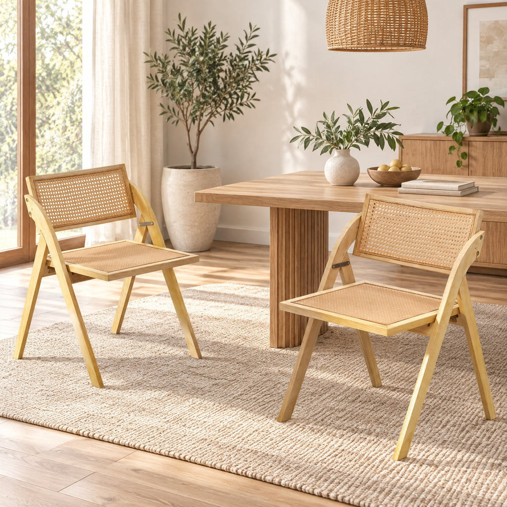 Airfind Foldable Dining Chairs Set of 2 with Woven Rattan Backrest, 400 lbs Capacity, Rubber Wood Plywood Plastic Frame, 23 Inch x 21 Inch x 29.5 Inch Footprint