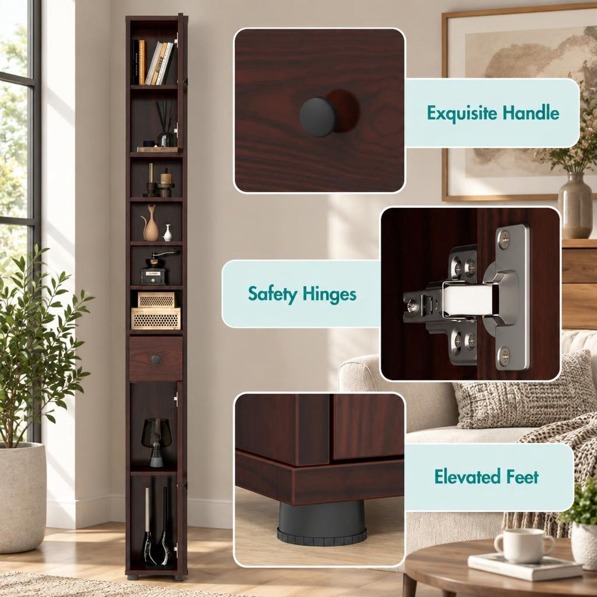 Airfind Freestanding Slim Bathroom Cabinet with Drawer and Adjustable Shelves, 110 lbs Capacity, MDF Frame, 8in x 8in x 71in Total Footprint, Brown