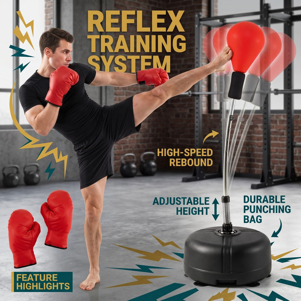 Airfind Height Adjustable Punching Bag with Stand for Teens and Adults, Freestanding Reflex Boxing Bag with Weighted Fillable Base, Gloves and Spring Ball for, Red