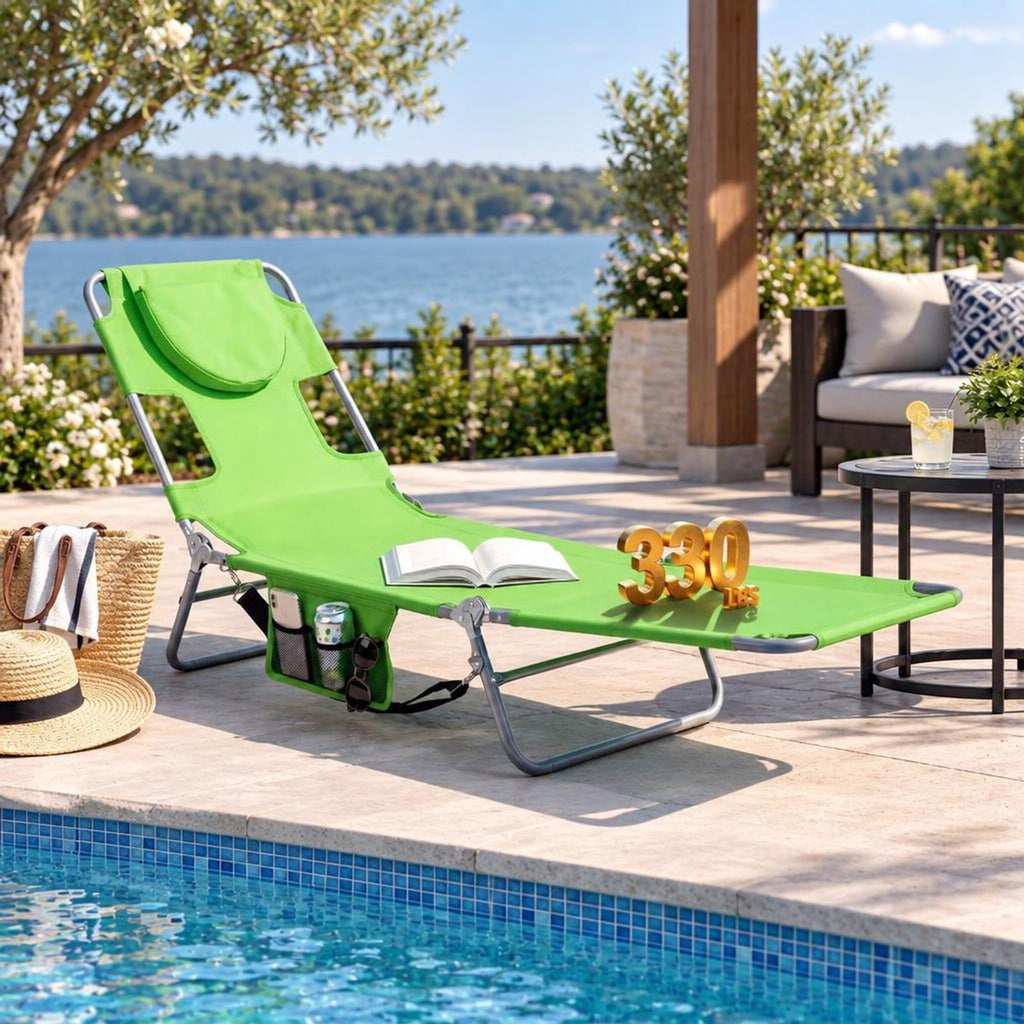 Airfind Folding Beach Lounge Chair with Adjustable Backrest for Lawn, 330 lbs Capacity, Metal Oxford Fabric Polyester Sponge Frame, Green