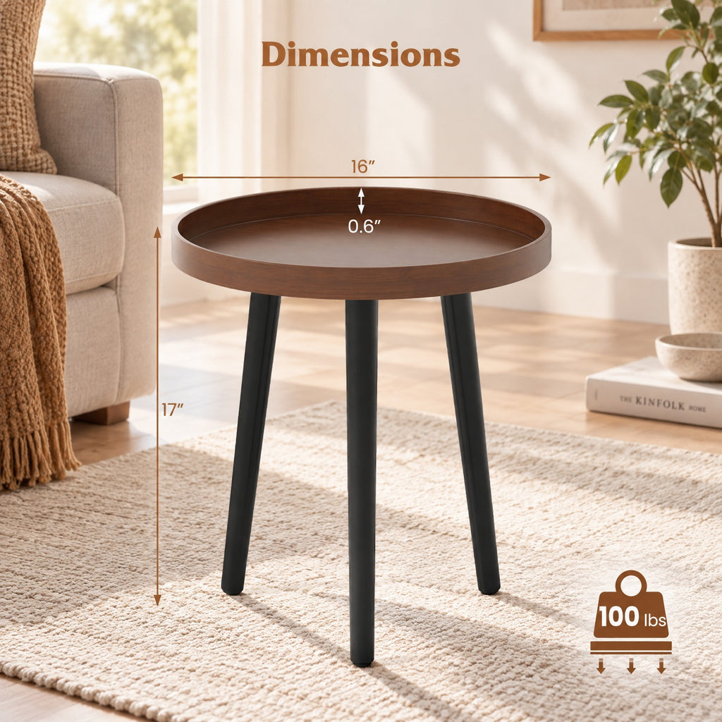 Airfind Mid Century Modern Round Side Sofa Coffee Table with Wooden Tray, 33 lbs Capacity, MDF panel bamboo feet Frame, Brown