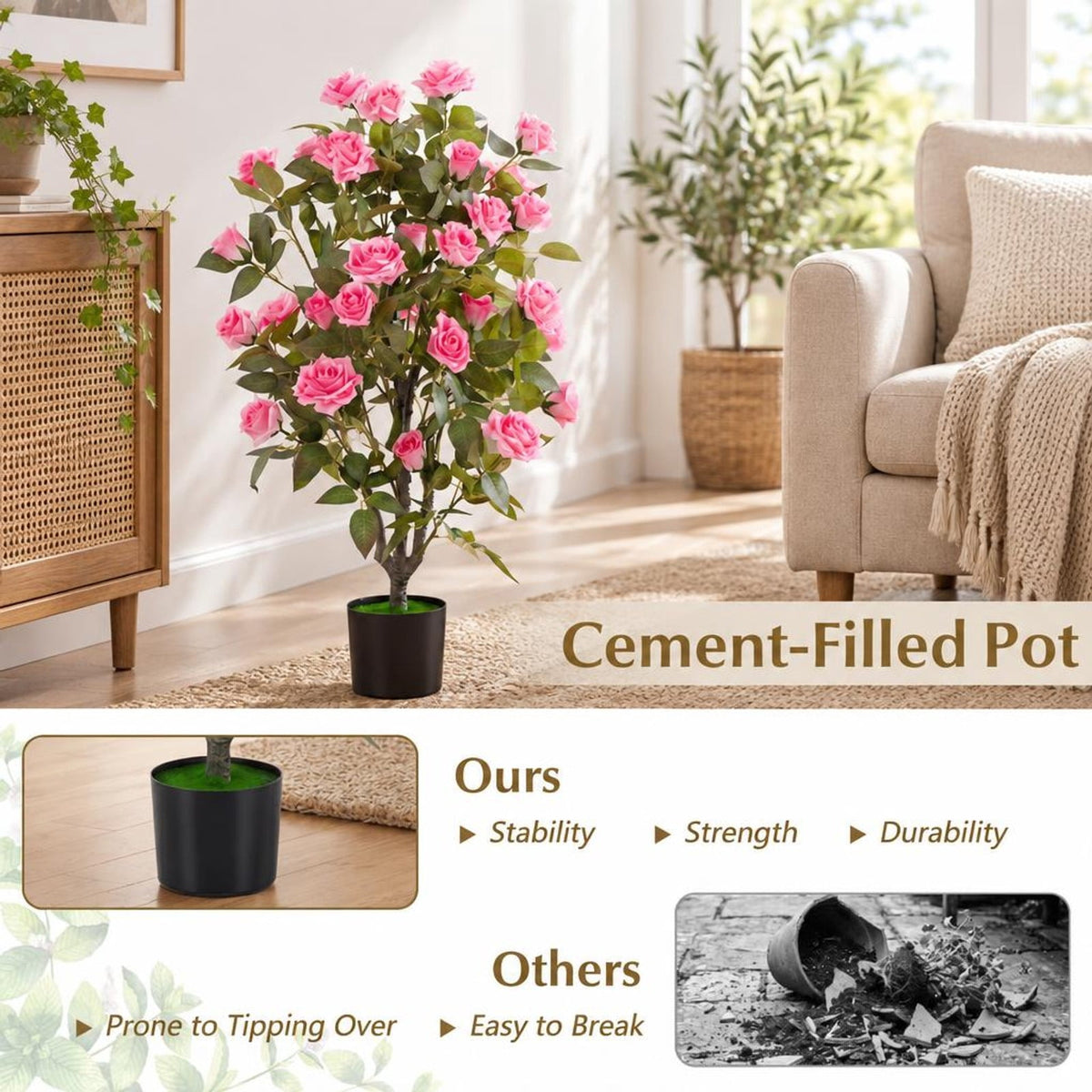 Airfind Set of 2 Artificial Rose Tree with Blooming Flowers and Green Leaves for Indoor, Silk Fabric Rubberized Fabric PE PP Tree Height 35.5 Frame