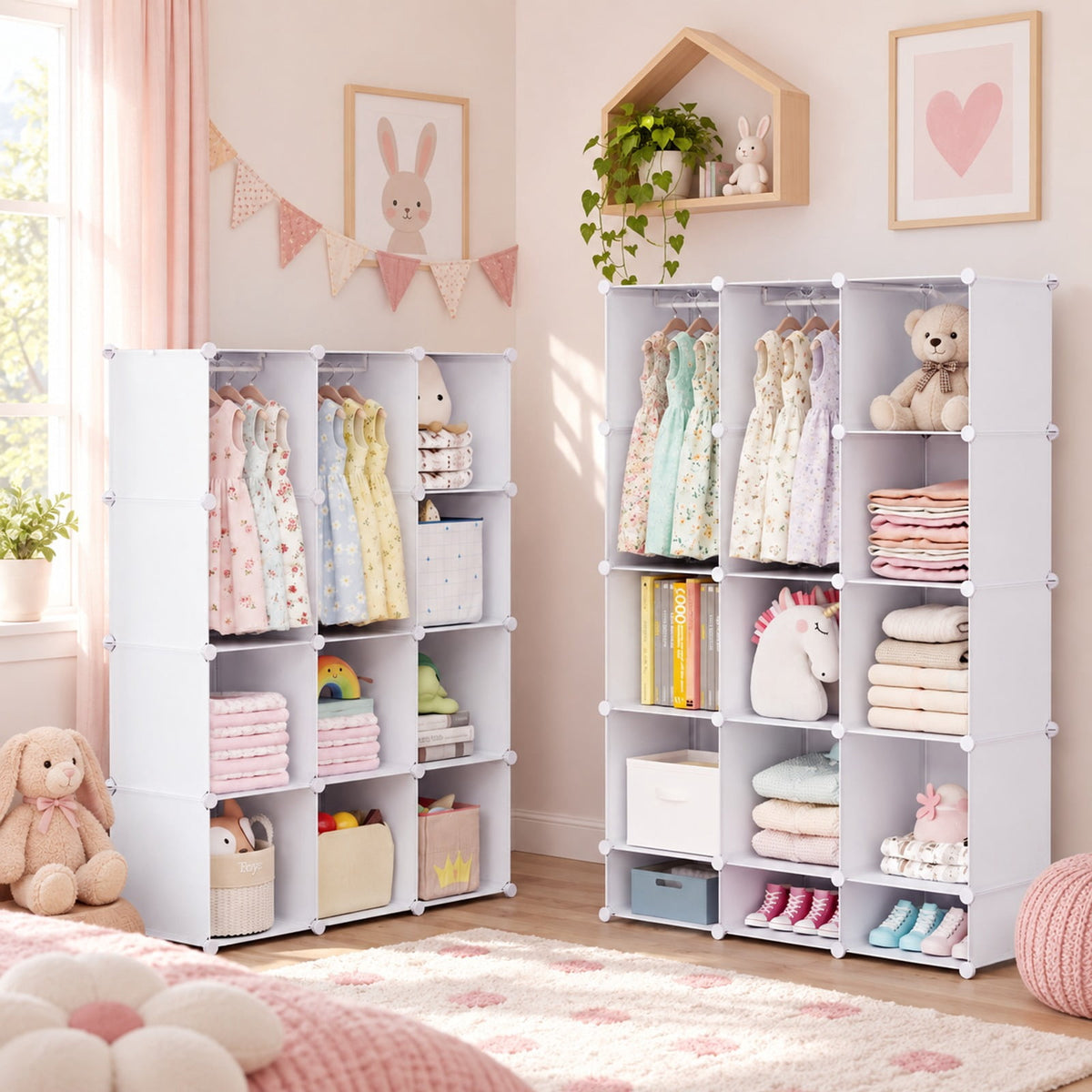 Airfind Modular Baby Wardrobe with 13 Cubes and Hanging Rod and Shelves Stackable, 6.5 lbs Capacity, PP Frame, 43 x 14 x 63 Footprint, White