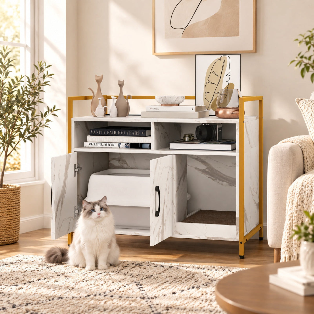 Airfind Hidden Cat Washroom with Double Doors and Scratch Cardboard, MDF Metal Frame, 35 x 17.5 x 29.5 Compartment Footprint, White