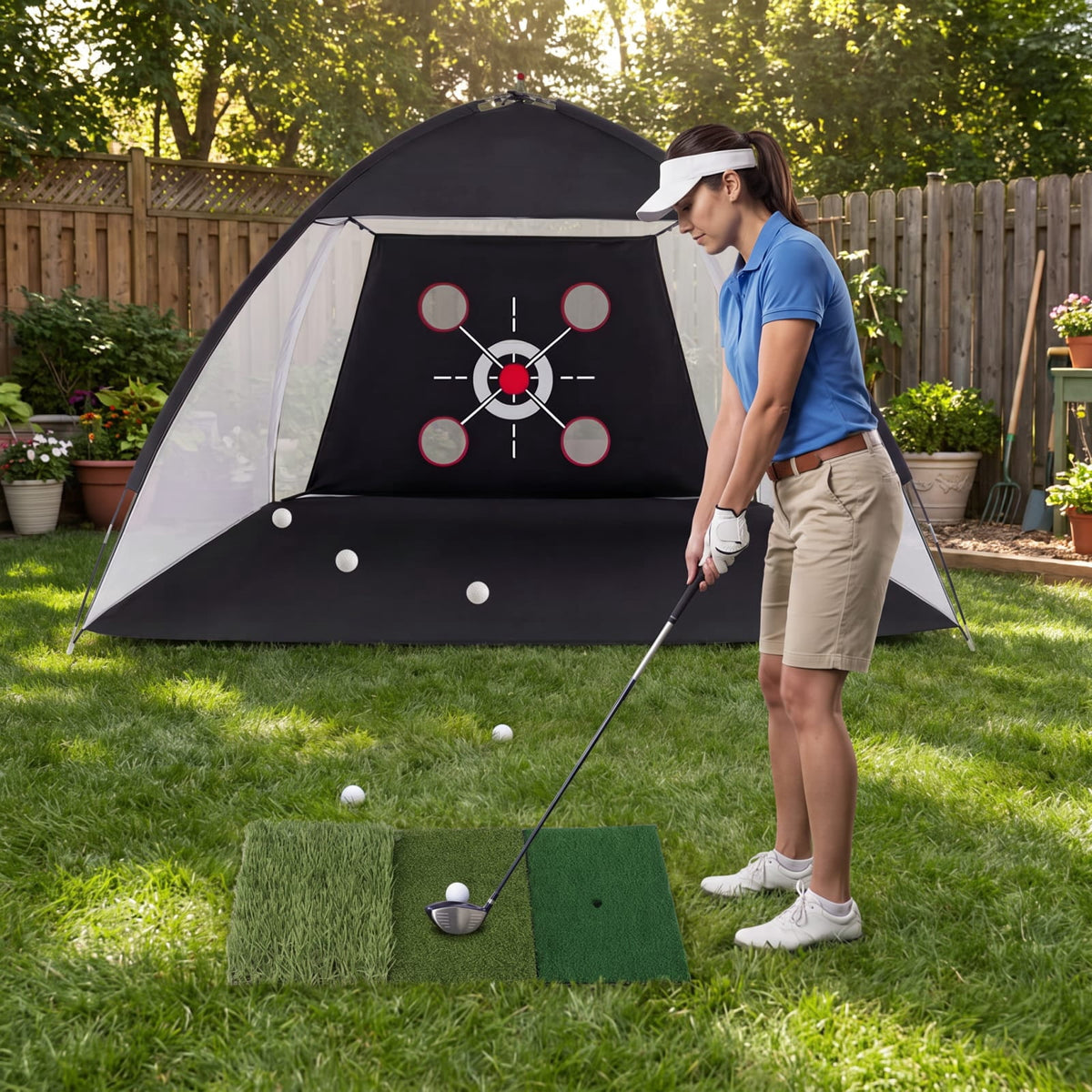 Airfind 10.3 x 6.5 Foot Golf Practice Net with Foldable Tri Turf Hitting Mat and Carry Bag for Backyard Garage and Indoor Swing Training, Black