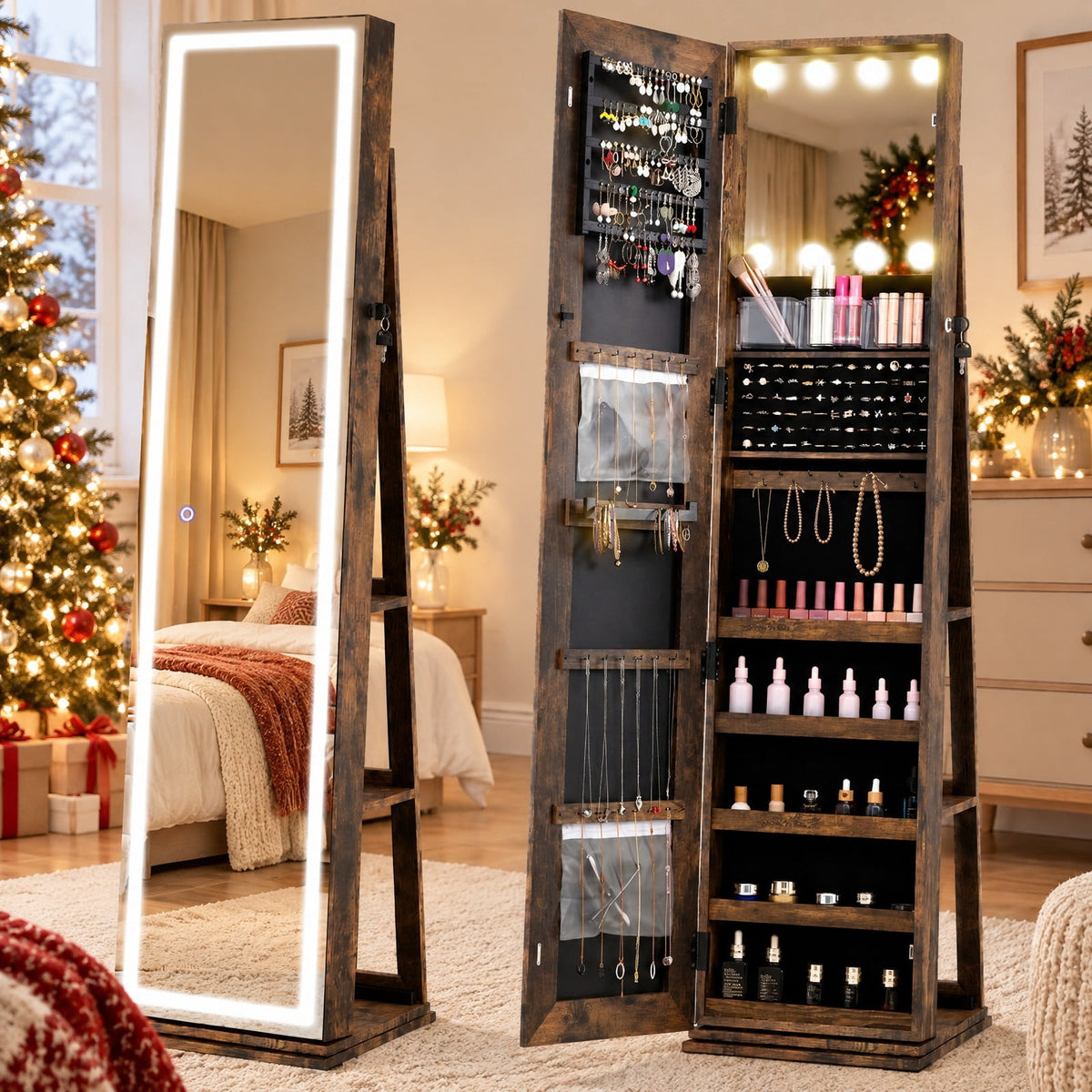 Airfind 360° Swivel Freestanding Jewelry Cabinet with Lighted Full Length Mirror, MDF Frame, Brown, Open storage shelves for easy reach