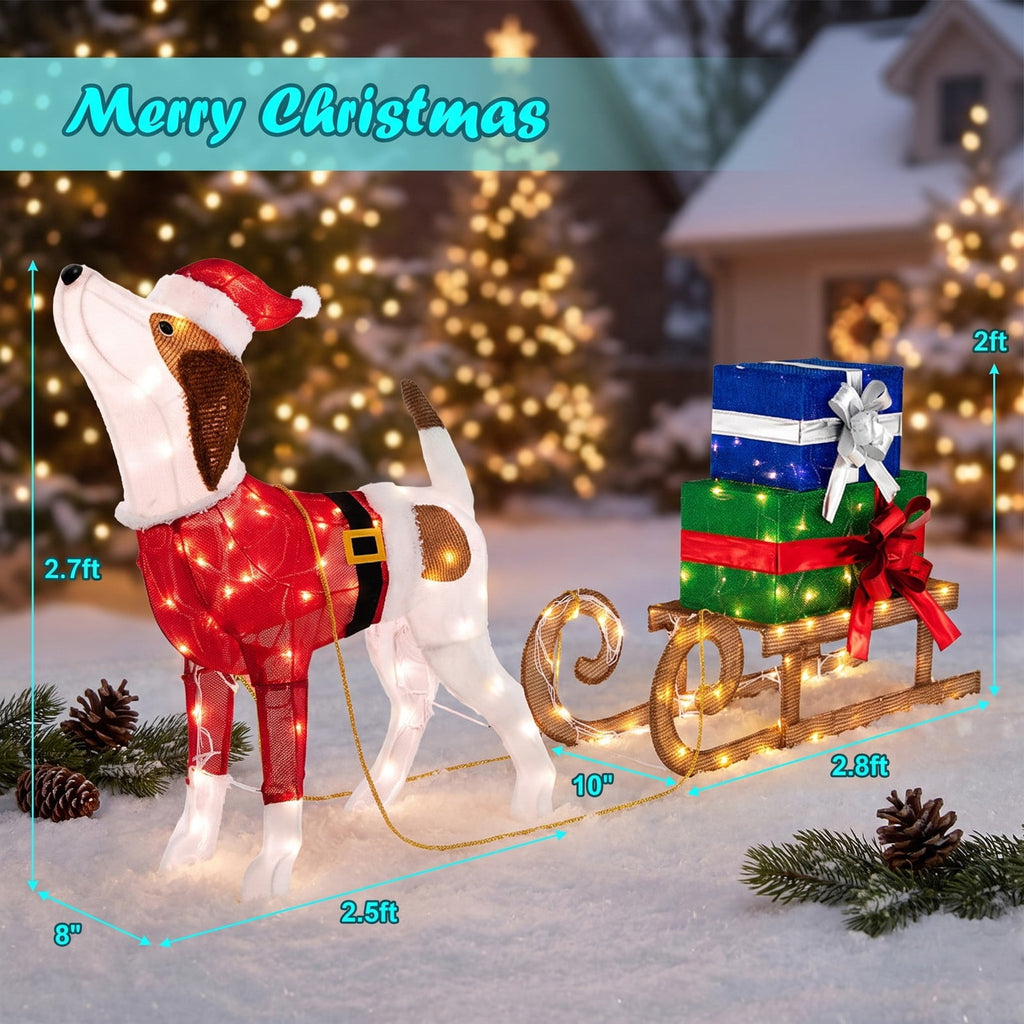 Airfind Outdoor Pre-lit Xmas Dog and Sleigh with 170 Warm Bright Lights for Porch, Fabric Metal
