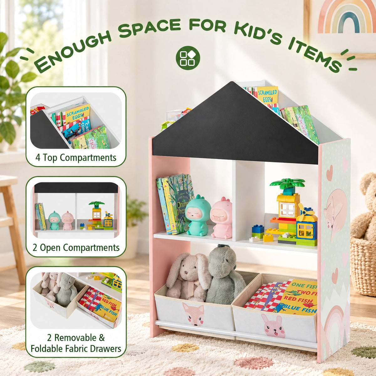 Airfind Playhouse Kids Bookshelf with Chalkboard and Whiteboard for 3-6 Years, MDF Metal Fabric Frame, Pink