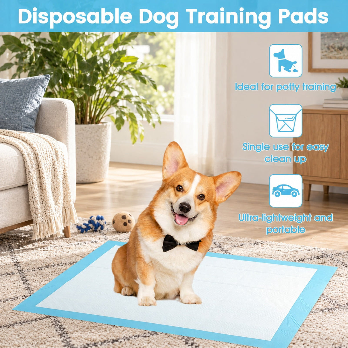 Airfind 150 Pieces 24 x 36 Inch Pet Wee Pee Piddle Pad, Non-woven Fabric Fluffy Pulp PE Film Absorbent Tissue S Pee Frame, Blue+White
