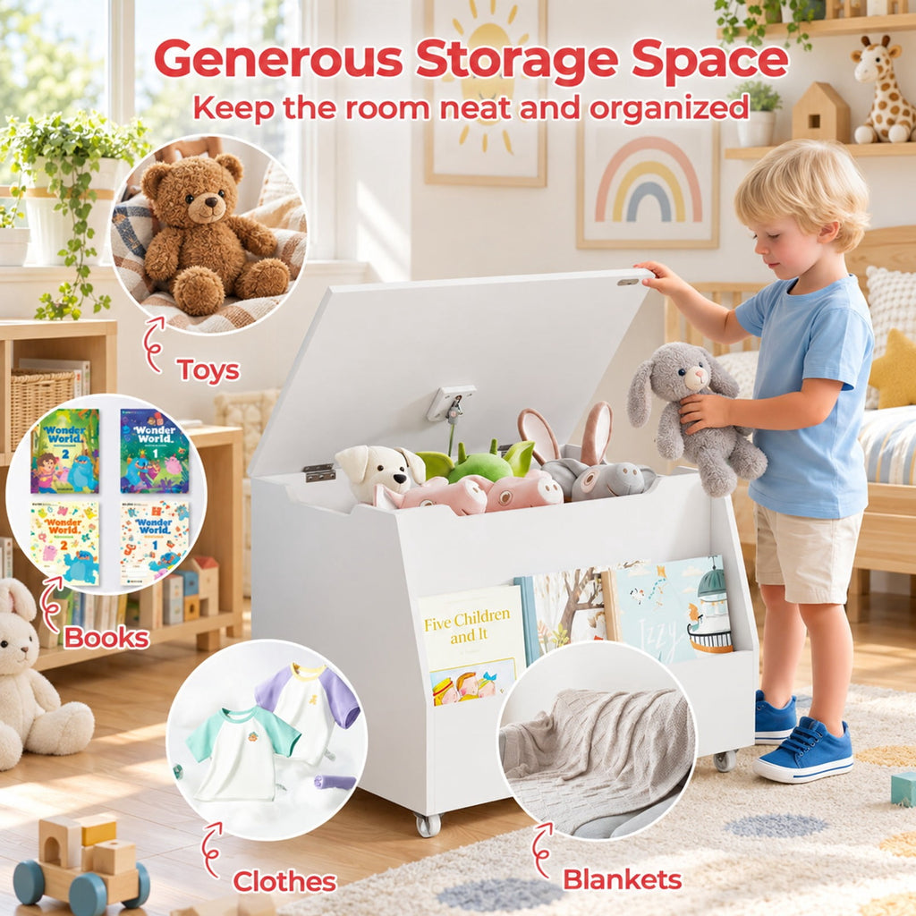 Airfind Wooden Mobile Toy Storage Organizer with Bookshelf and Lockable Wheels, 110 lbs Capacity, MDF PP Frame, 24in x 19in x 18in Footprint, White