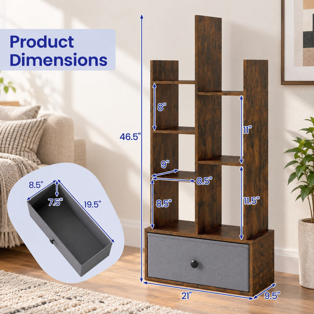 Airfind 7-Tier Open-Back Bookshelf with Drawer, 33 lbs Capacity, Engineered wood Frame, 21 Inch x 9.5 Inch x 47 Inch Footprint, Brown
