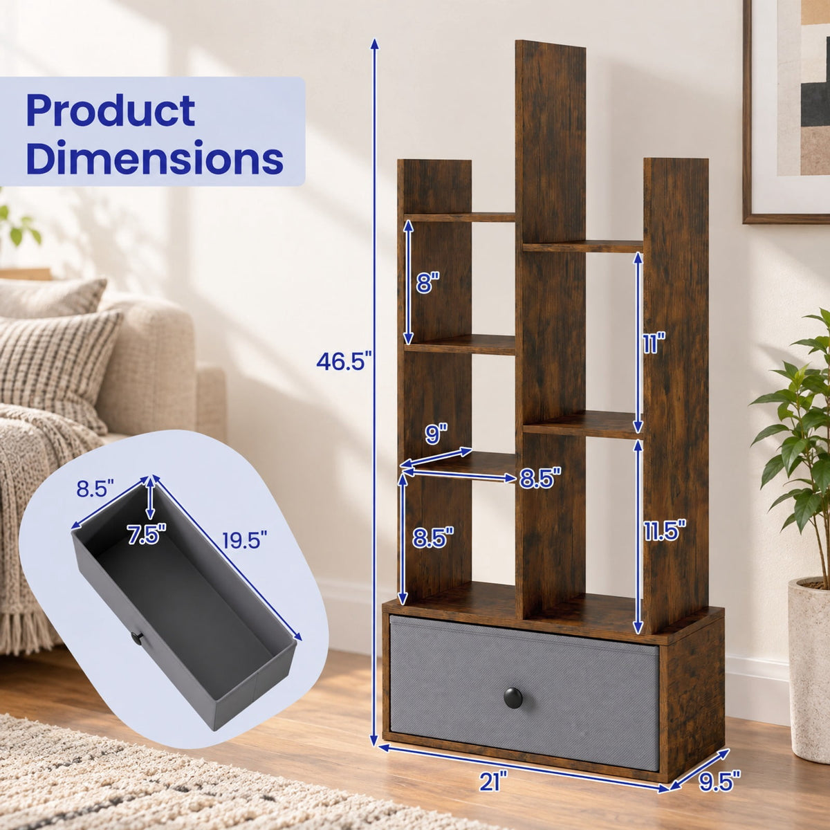 Airfind 7-Tier Open-Back Bookshelf with Drawer, 33 lbs Capacity, Engineered wood Frame, 21 Inch x 9.5 Inch x 47 Inch Footprint, Brown