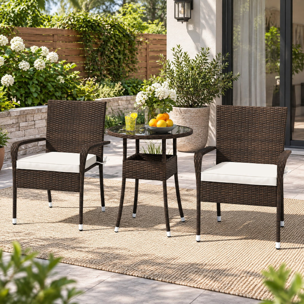 Airfind 3-Piece Patio Furniture Set PE Rattan Wicker Chairs with Tempered Glass Top Table, PE Rattan Metal Polyester Sponge Frame, White