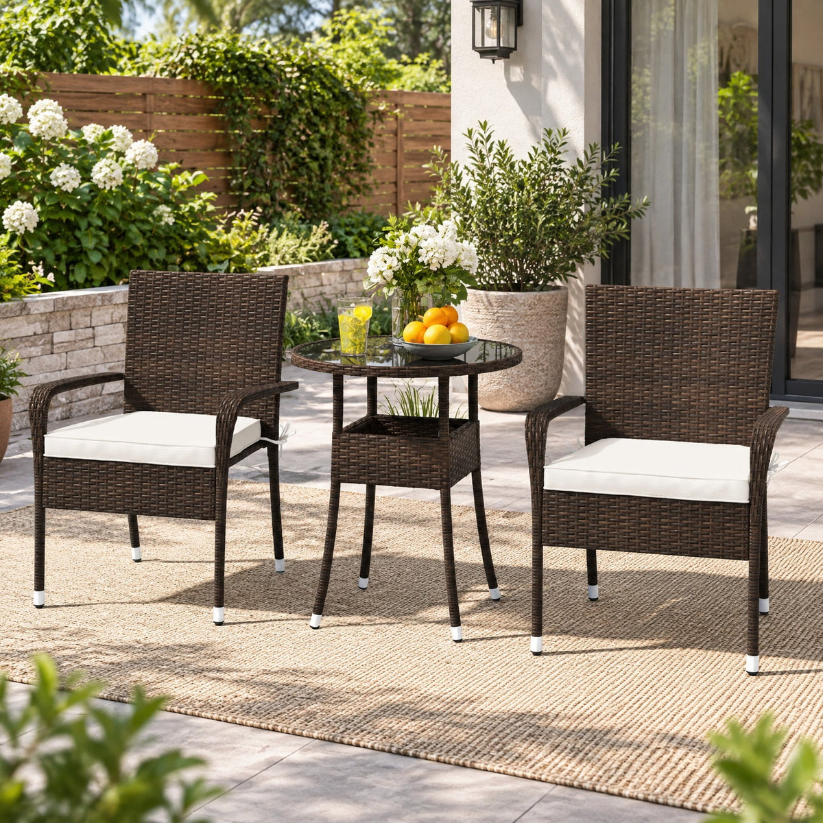 Airfind 3-Piece Patio Furniture Set PE Rattan Wicker Chairs with Tempered Glass Top Table, PE Rattan Metal Polyester Sponge Frame, White