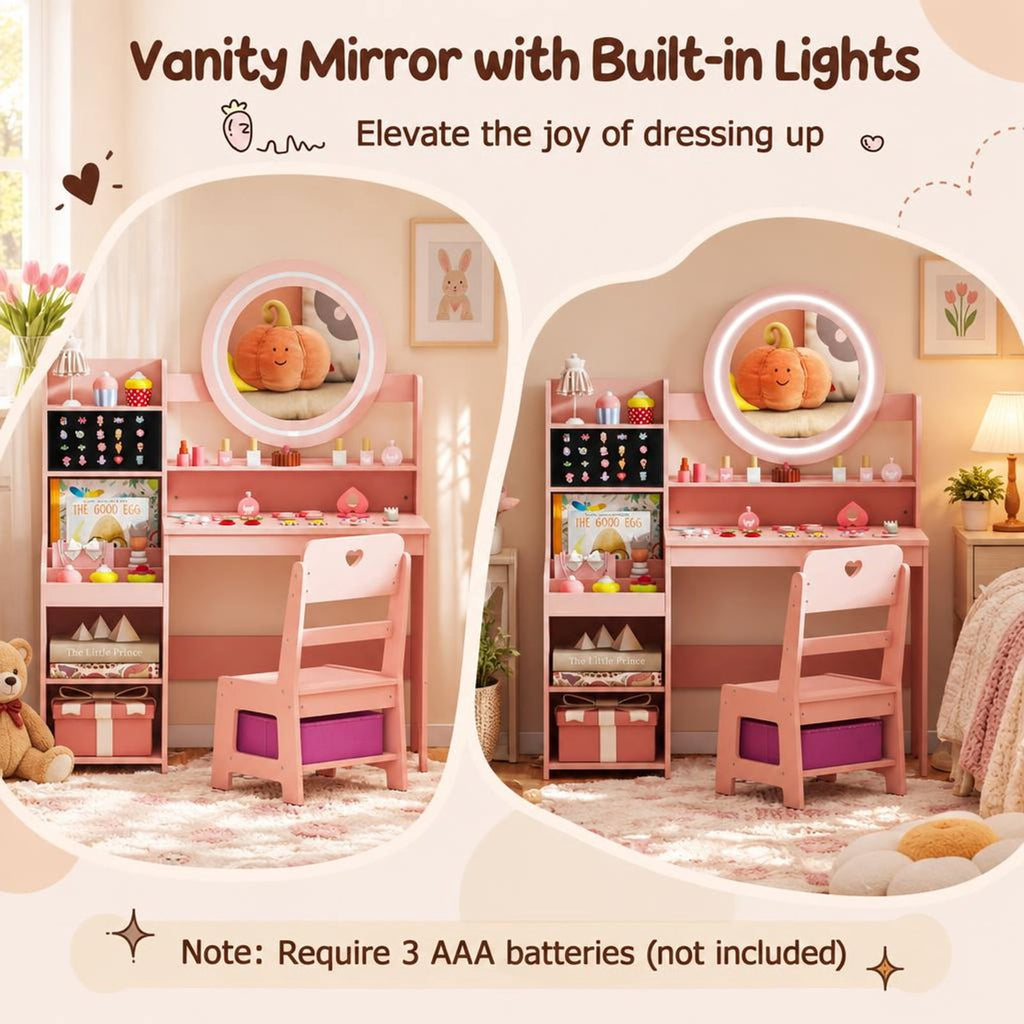 Airfind Kids Vanity Desk with Mirror and Lights Princess Pretend Play Dressing Table and Chair Set, 66 lbs Capacity, MDF Frame, for 3+ years old