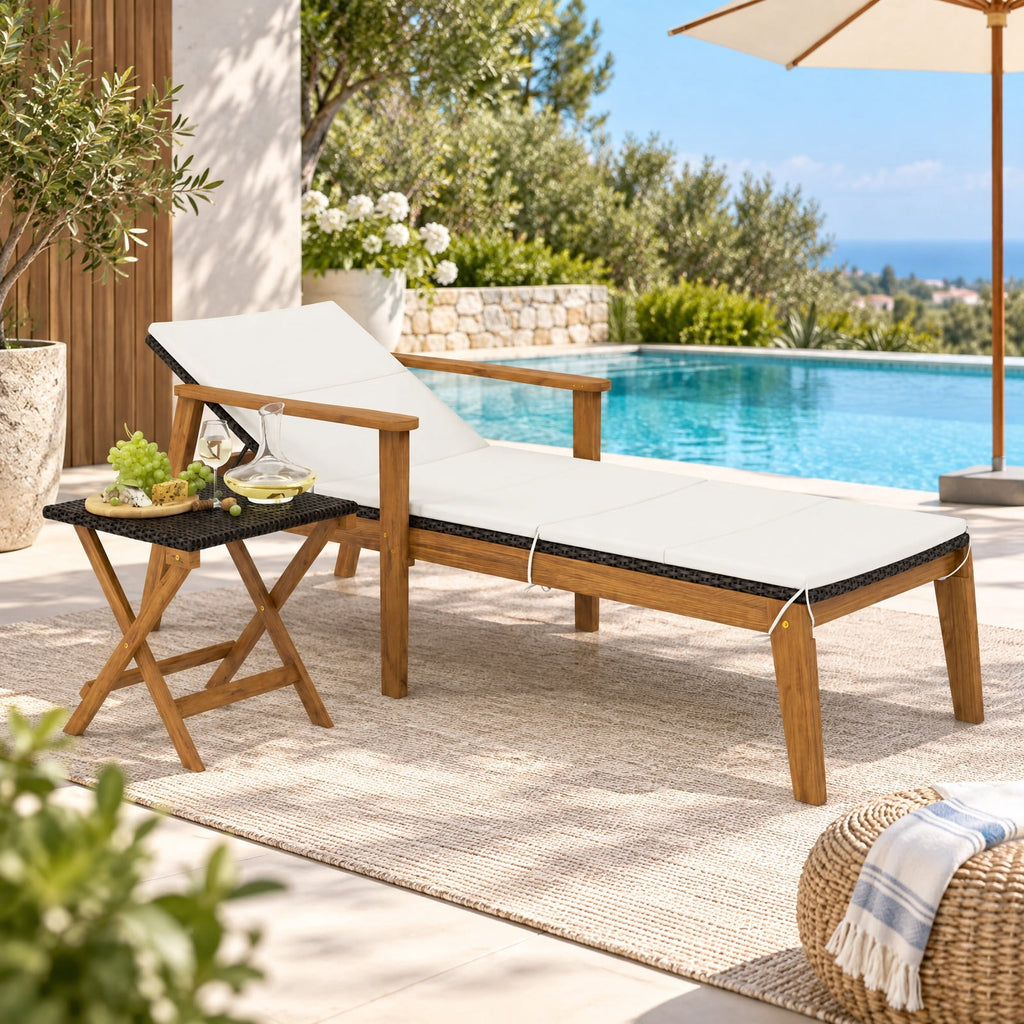 Airfind Outdoor Chaise Lounge Chair Rattan Patio Recliners with Armrests, Solid acacia wood frame for strong support