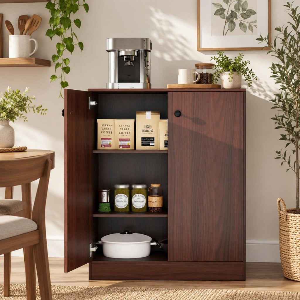 Airfind 2-Door Modern Floor Storage Cabinet with 3-Tier Shelf, 110 lbs Capacity, Engineered Wood MDF Frame, 27.5in x 13.5in x 33.5in Footprint, Brown