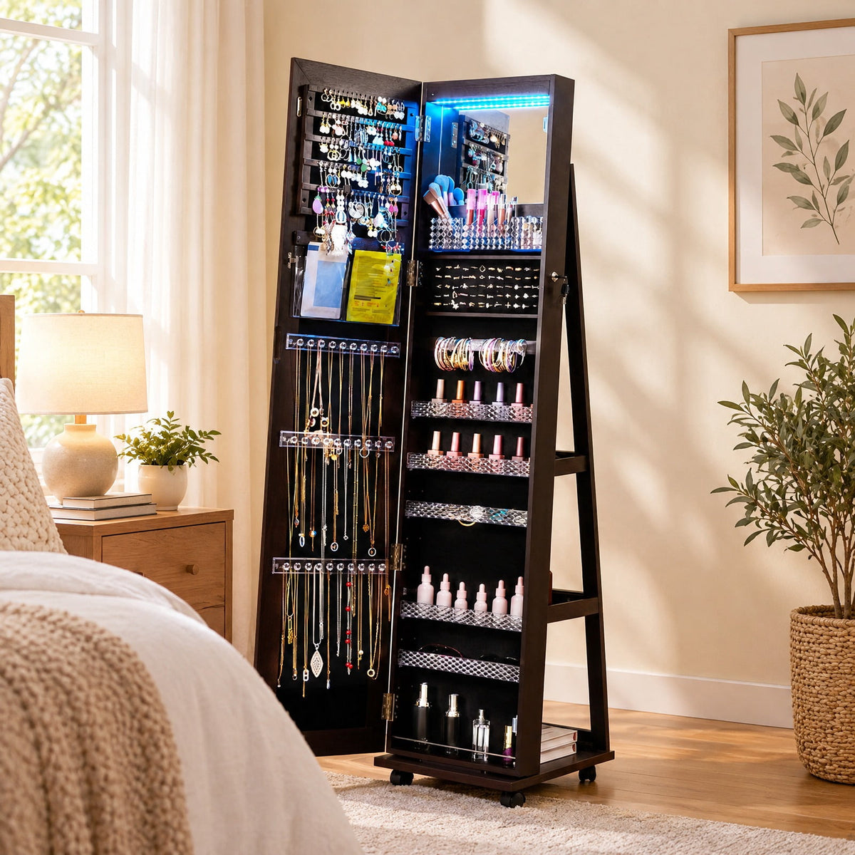 Airfind 64 Inches Lockable Jewelry Cabinet Armoire with Built-in Makeup Mirror, MDF Glass Acrylic Frame, 15.5in x 15in x 64in Full-Length Footprint