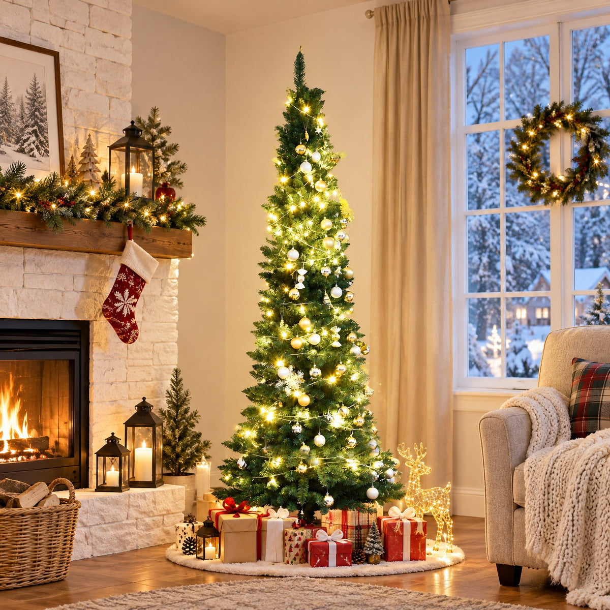 Airfind PVC Artificial Slim Pencil Christmas Tree-7 Feet, PVC iron 5 Ft: Frame, 2ft x 5ft Footprint, Green