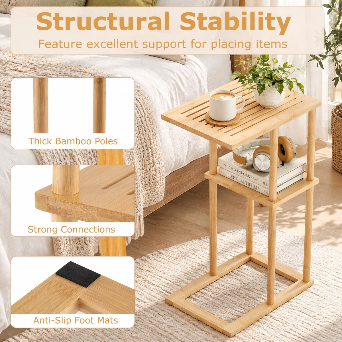 Airfind Side Table Set of 2 with Storage Shelves and Bamboo Construction, 22 lbs Capacity, Bamboo, 15.7 Inch x 11 Inch x 25.6 Inch , Natural