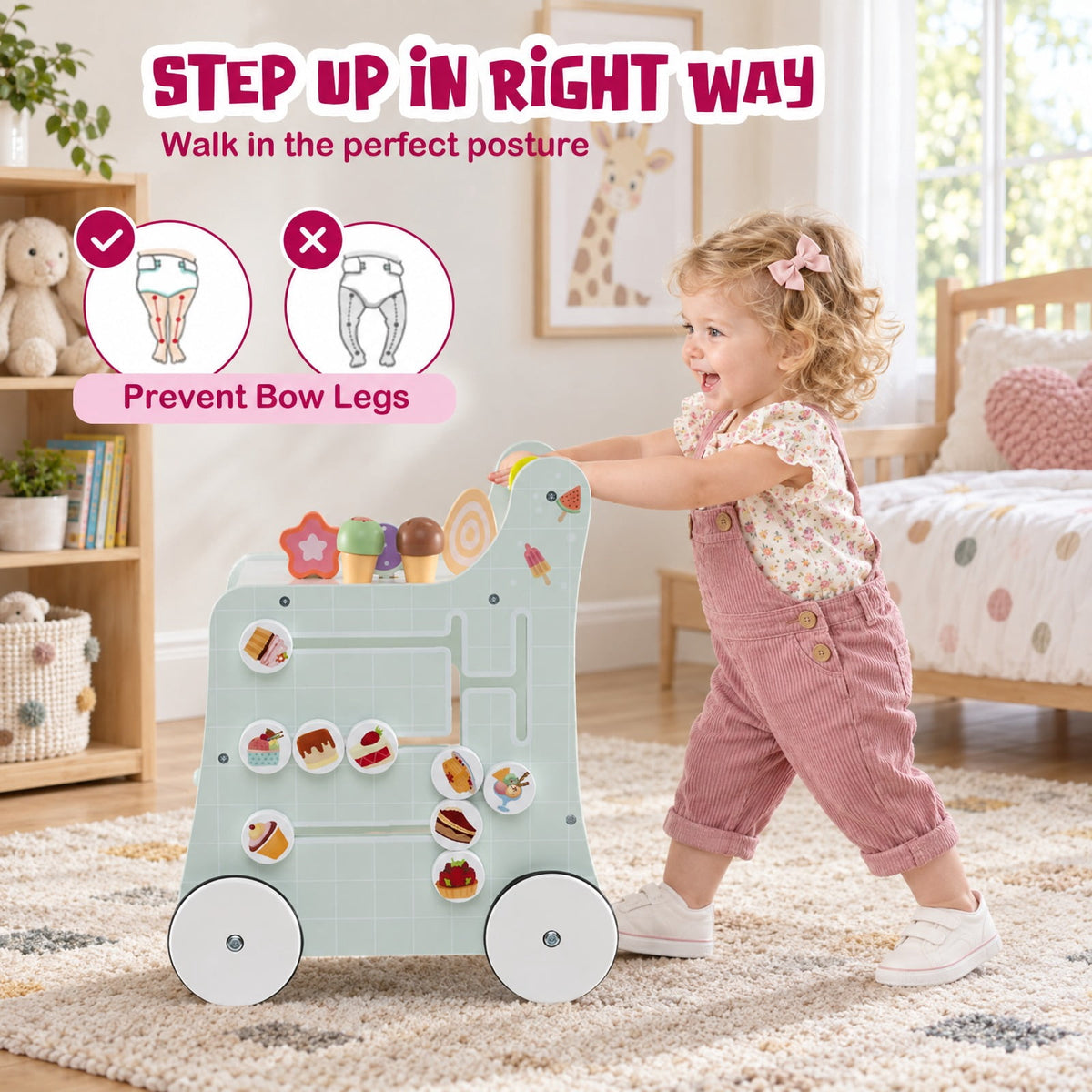 Airfind 2-in-1 Baby Walker with Storage and Ice Creams for 1+ Years Old, MDF Plywood Frame, Light Green