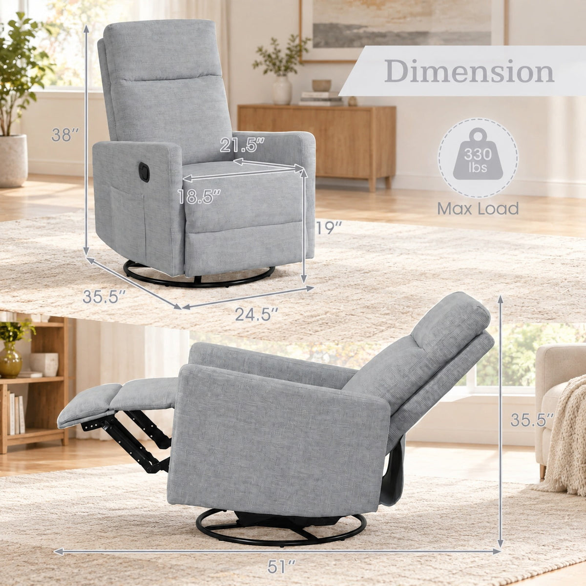 Airfind Swivel Rocking Chair 360° Nursery Reclining Rocker Armchair with Cushioned Back, 330 lbs Capacity, Lint Fabric Frame, Gray