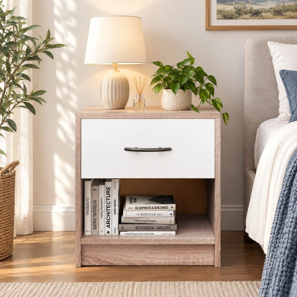 Airfind Bedside Table Nightstand with Drawer and Open Storage Shelf-Natural White, 22 lbs Capacity, Engineered Wood HDF PP HDPE Frame, Natural