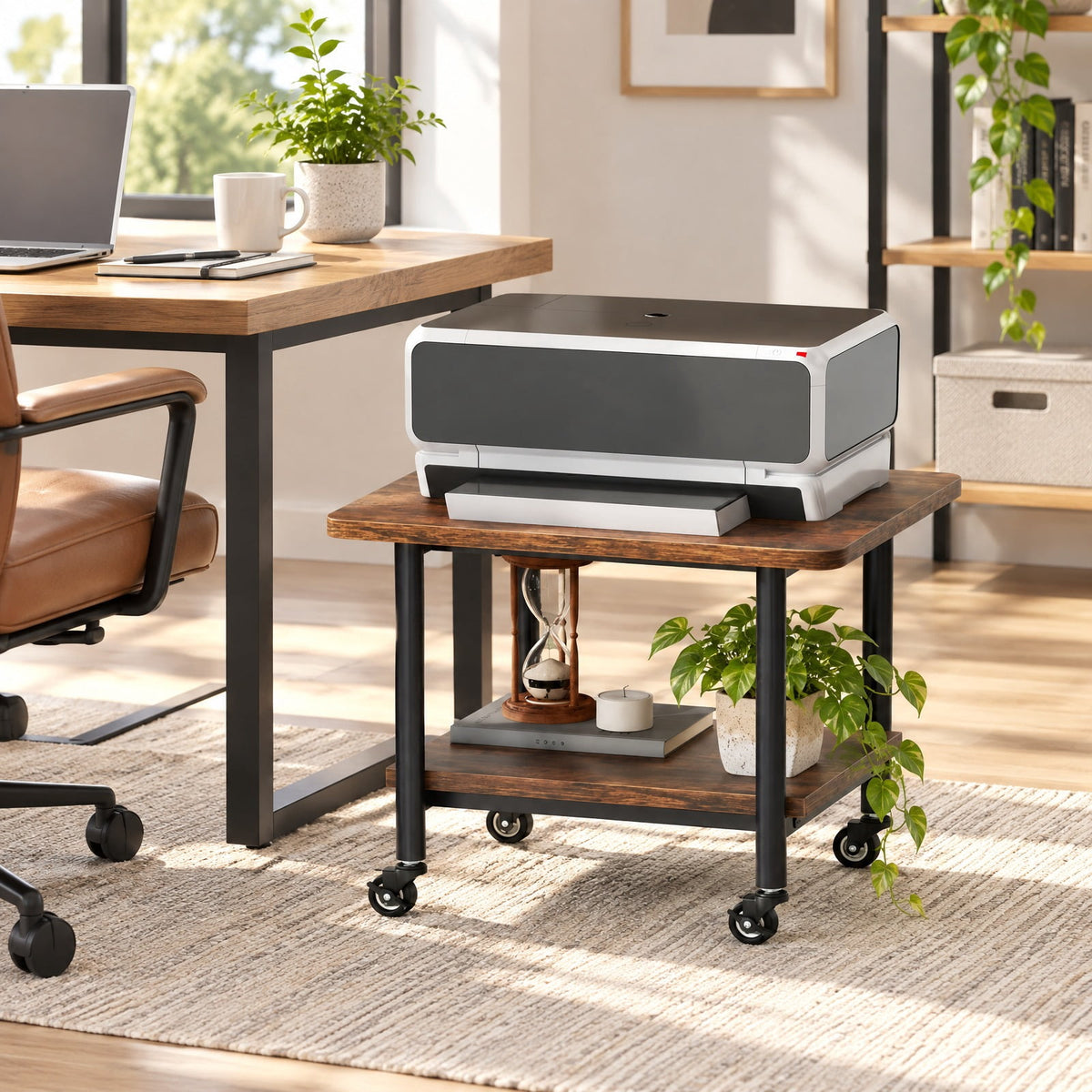 Airfind Under Desk Printer Stand with 360° Swivel Casters, 143 lbs Capacity, Engineered Wood Metal Frame, Brown