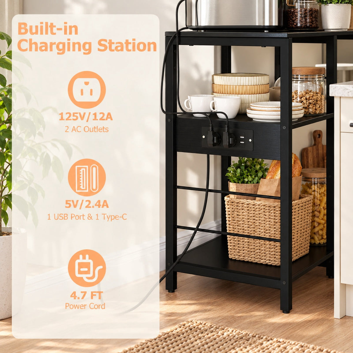 Airfind Kitchen Bakers Rack with Power Outlet 5, Tier Microwave Oven Stand with LED Lights, Black, Adjustable in 10 brightness levels and 10 speeds