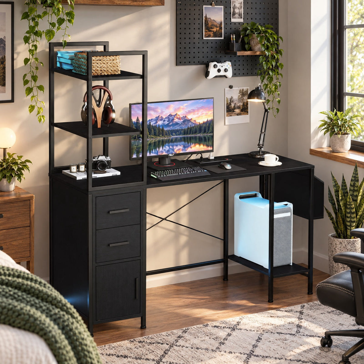 Airfind Office Desk with LED Lights and Power Outlets Computer Desk with Open Shelves, 200 lbs Capacity, Engineered Wood Metal Fabric Frame, Black