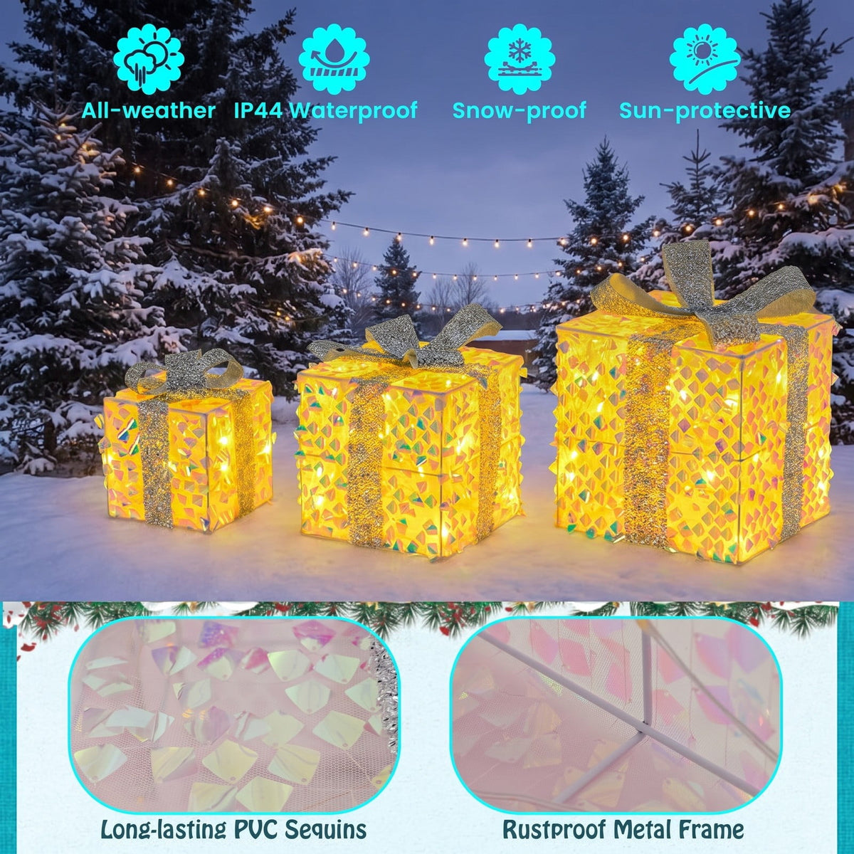 Airfind Set of 3 Christmas Lighted Gift Boxes with Pre-lit 90 LED Light and Bows, PVC Polyester Metal Frame, 10 x 10 x 10 Footprint