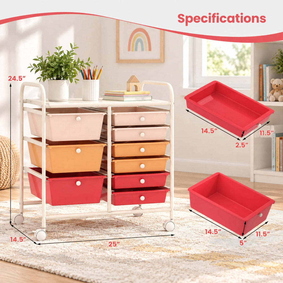 Airfind 9-Drawer Rolling Storage Cart with Colorful Drawers and Metal Frame, Metal Frame, 25 Inch x 14.5 Inch x 24.5 Inch (L x W x H) Large Drawer Footprint
