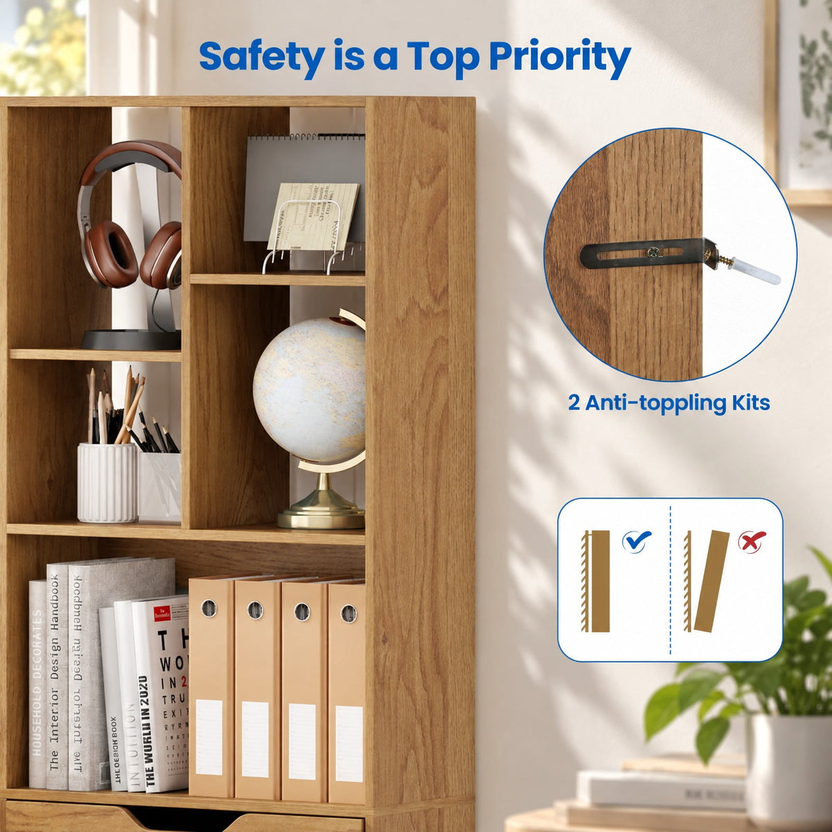 Airfind 61inch Tall Freestanding Bookcase with Drawer 8-Cube Storage Organizer, 187 lbs Capacity, Engineered Wood MDF Frame, Natural
