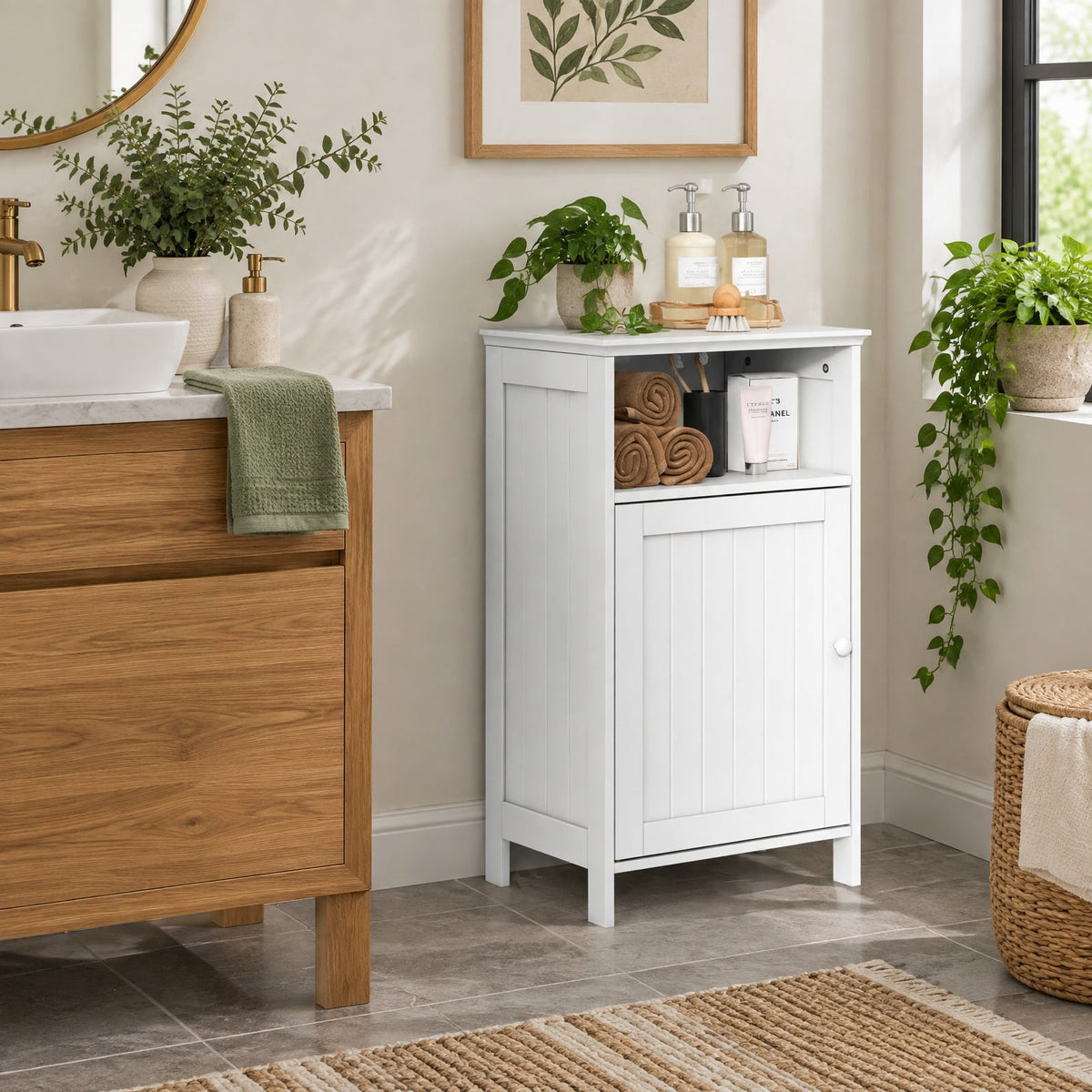 Airfind Bathroom Freestanding Adjustable Shelf Floor Storage Cabinet, MDF Frame, 16 Inch x 12 Inch x 27.5 Inch Footprint, White