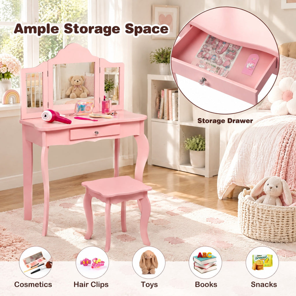 Airfind Kids Makeup Dressing Mirror Vanity Table Stool Set, 33 lbs Capacity, MDF Frame, 27.5 x 13.5 x 41 Footprint, Pink
