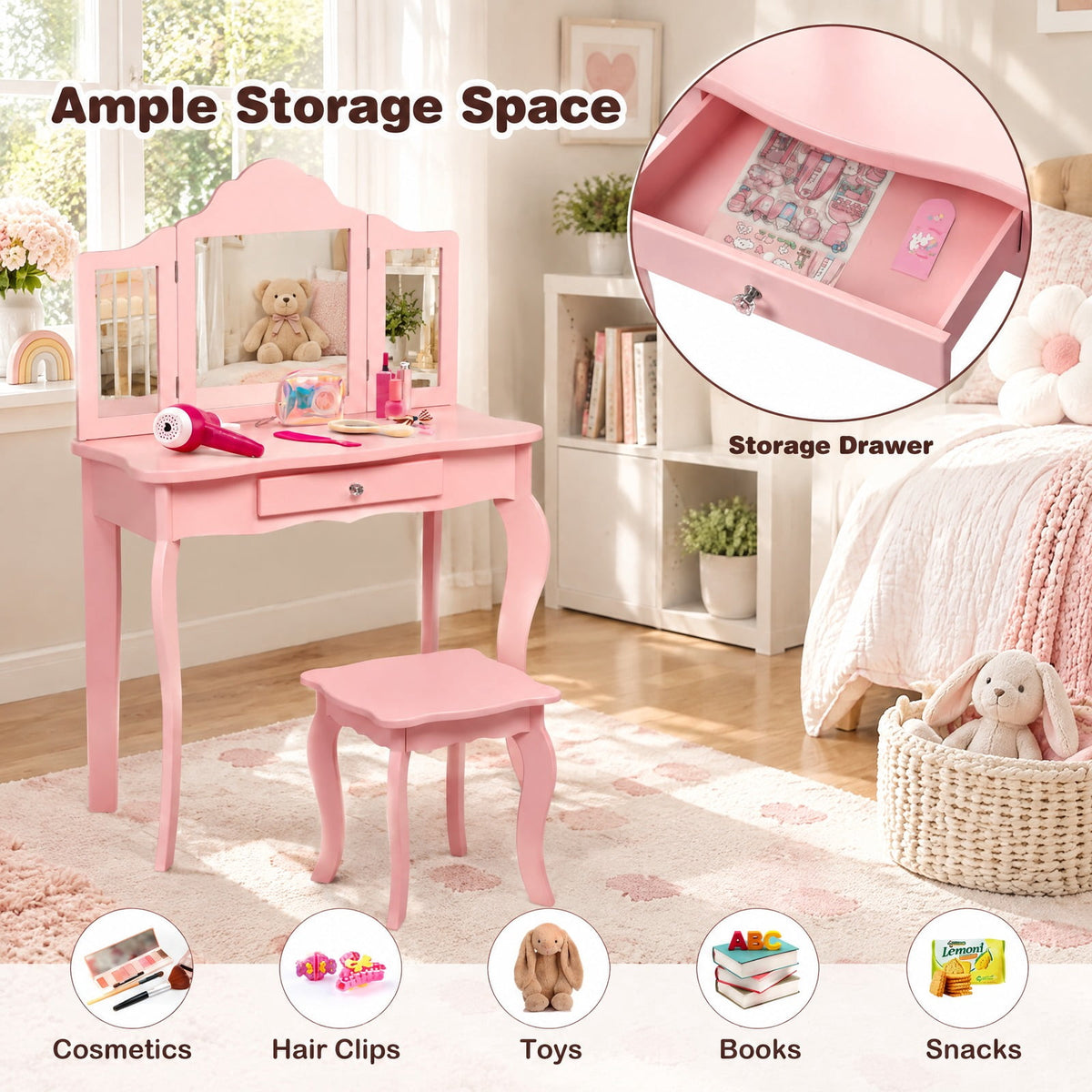 Airfind Kids Makeup Dressing Mirror Vanity Table Stool Set, 33 lbs Capacity, MDF Frame, 27.5 x 13.5 x 41 Footprint, Pink