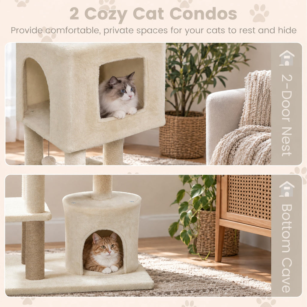 Airfind 64 Inch Tall Cat Tree with 2 Large Condos and Jute Scratching Posts for Indoor Adult Cats, 33 lbs Capacity, Beige