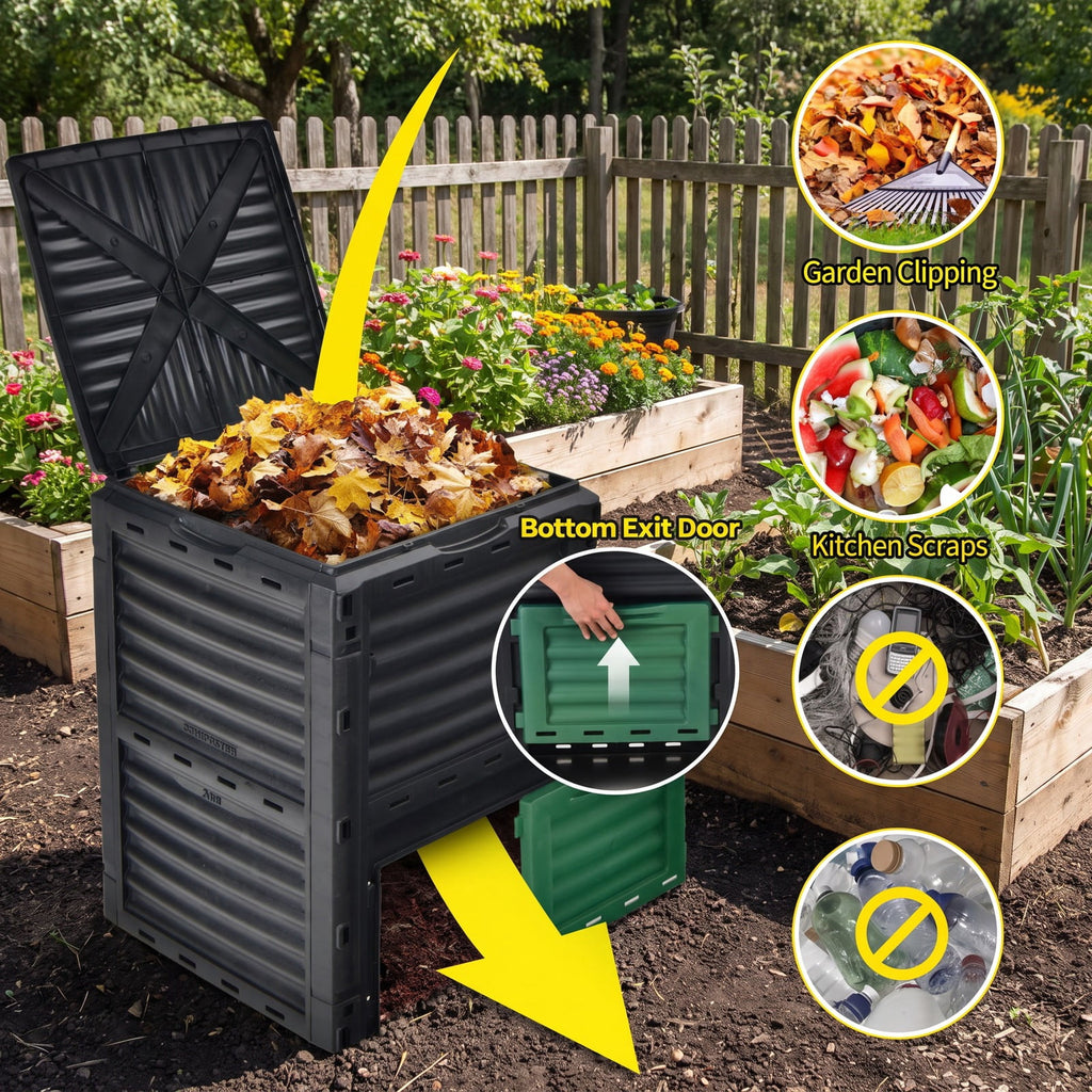 Airfind 80-Gallon Outdoor Composter with Large Openable Lid and Bottom Exit Door, PP Frame, 23.5 x 23 x 32 (L x W x H) Inner Footprint, Green