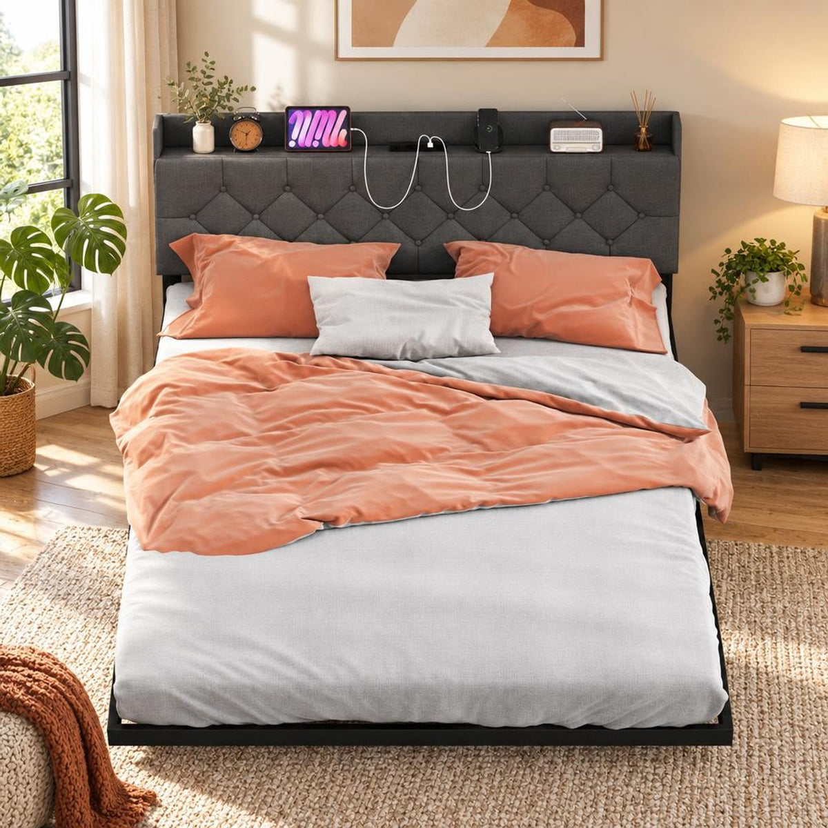 Airfind Full/Queen Size Floating Bed Frame with LED and Headboard and Charging Station, 660 lbs Capacity, 78.5 Inch x 55.5 Inch x 34 Inch Bed Platform Footprint