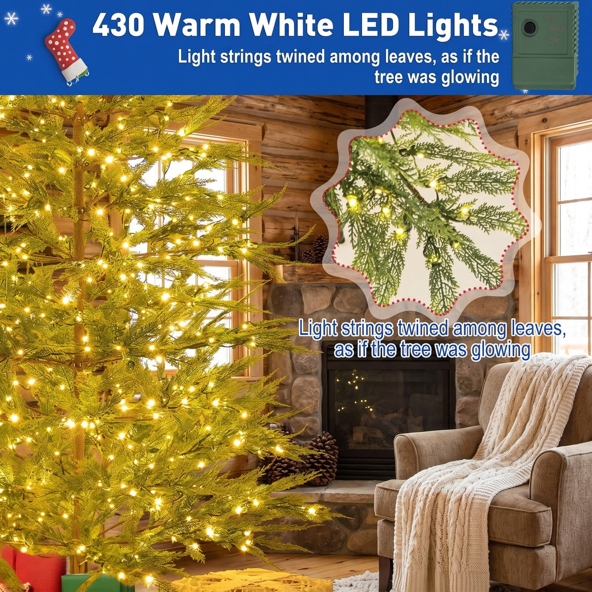 Airfind 6.5/7.5 Feet Artificial Cypress Christmas Tree Pre-lit Hinged-6.5 ft, PE Metal Tree Height 6.5 ft/7.5 ft Tree Width 4 ft Frame, Green