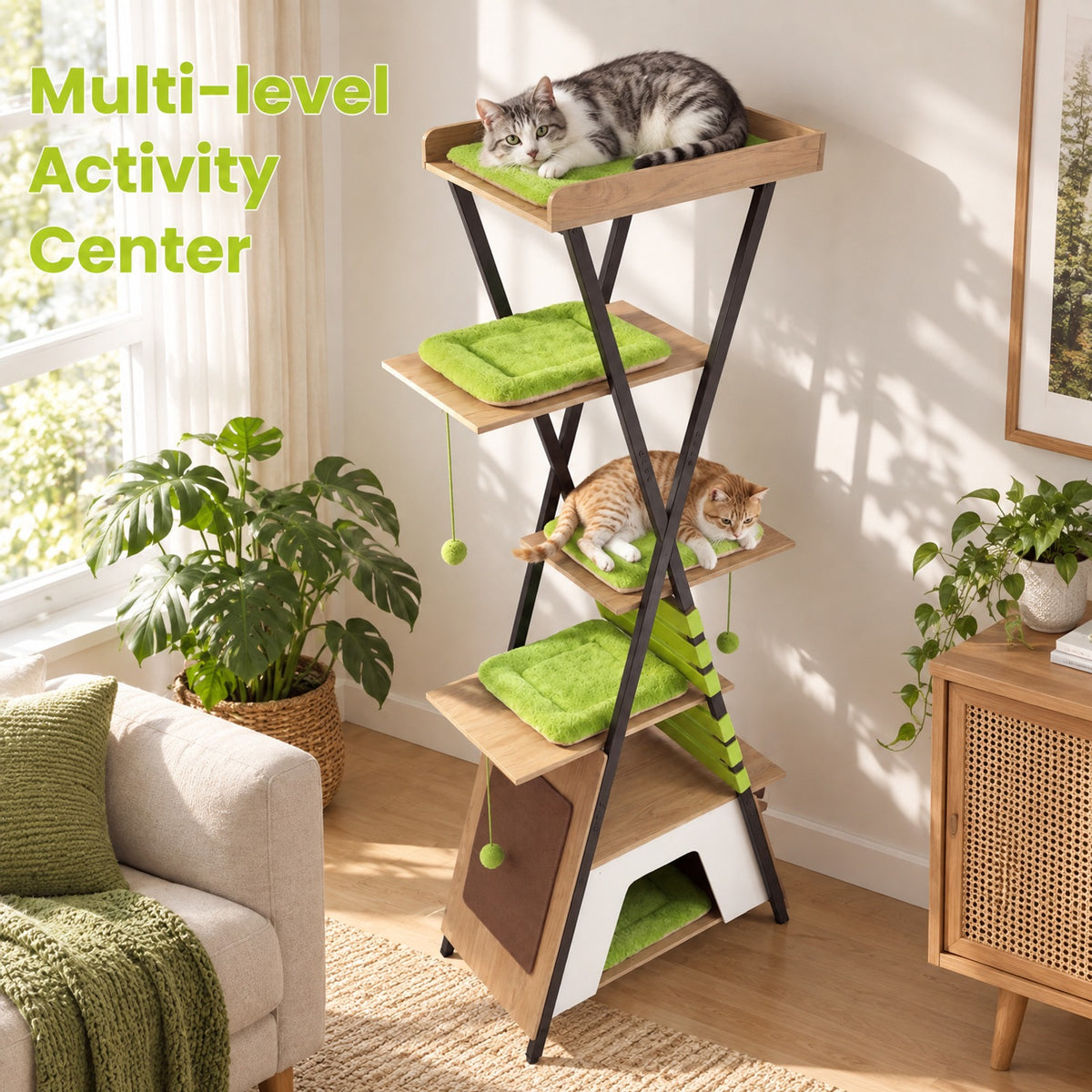Airfind 73 Inch Multi-level Cat Tree for Indoor Cats with Elevated Perch and Large Condo, 44 lbs Capacity, Engineered Wood Frame, Green