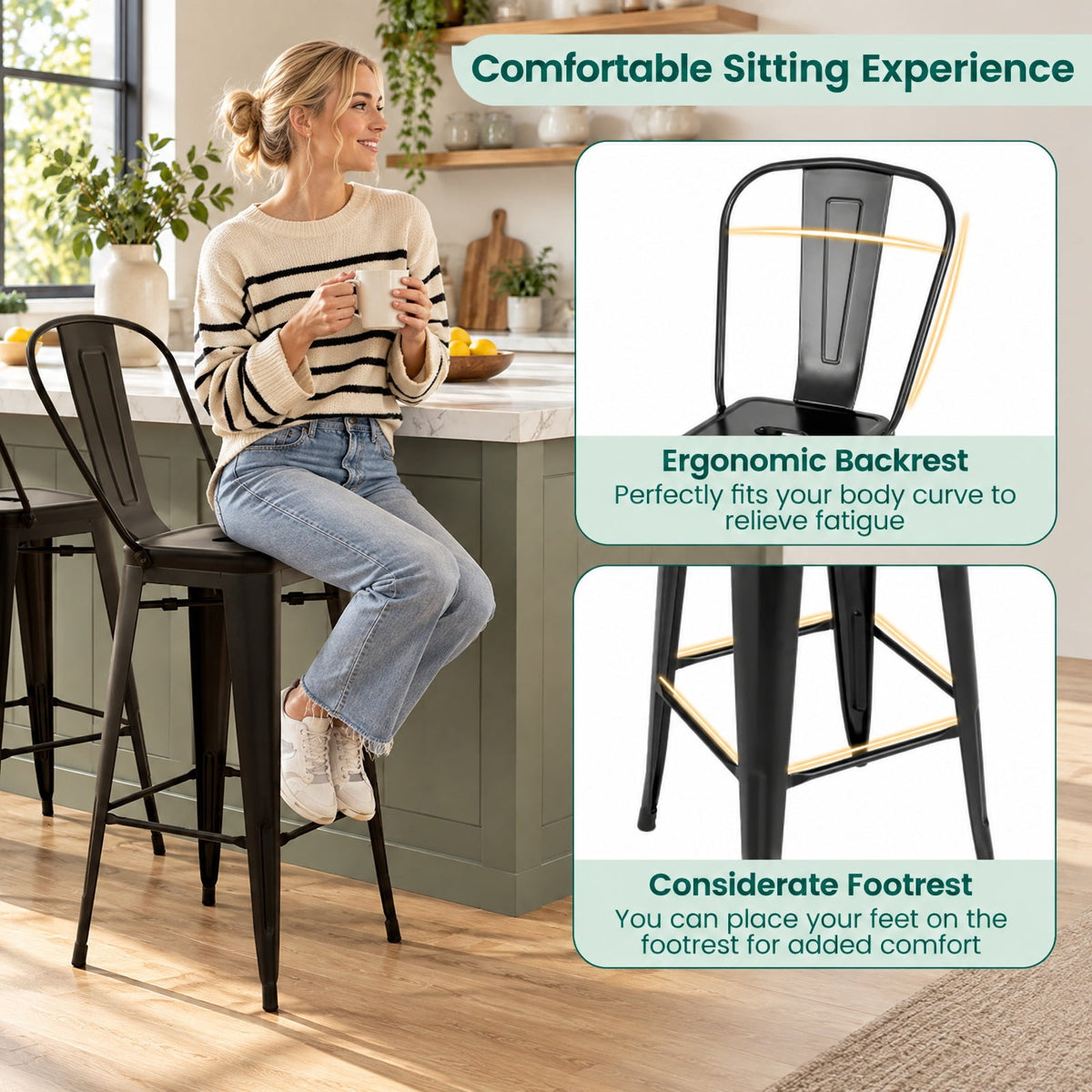 Airfind Set of 4 Bar Height Chairs Stackable Metal Bar Stools with Removable Backrest, Metal Frame, 18 Inch x 20.5 Inch x 46 Inch Footprint, Black