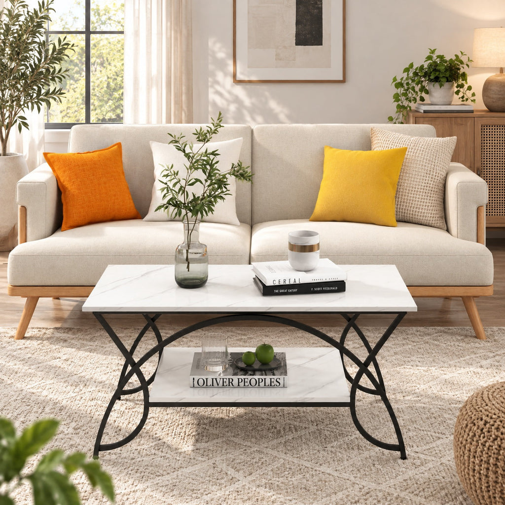 Airfind 2-Tier Faux Marble Coffee Table with Marble Top and Metal Frame, 110 lbs Capacity, Engineered wood steel Frame, Black White
