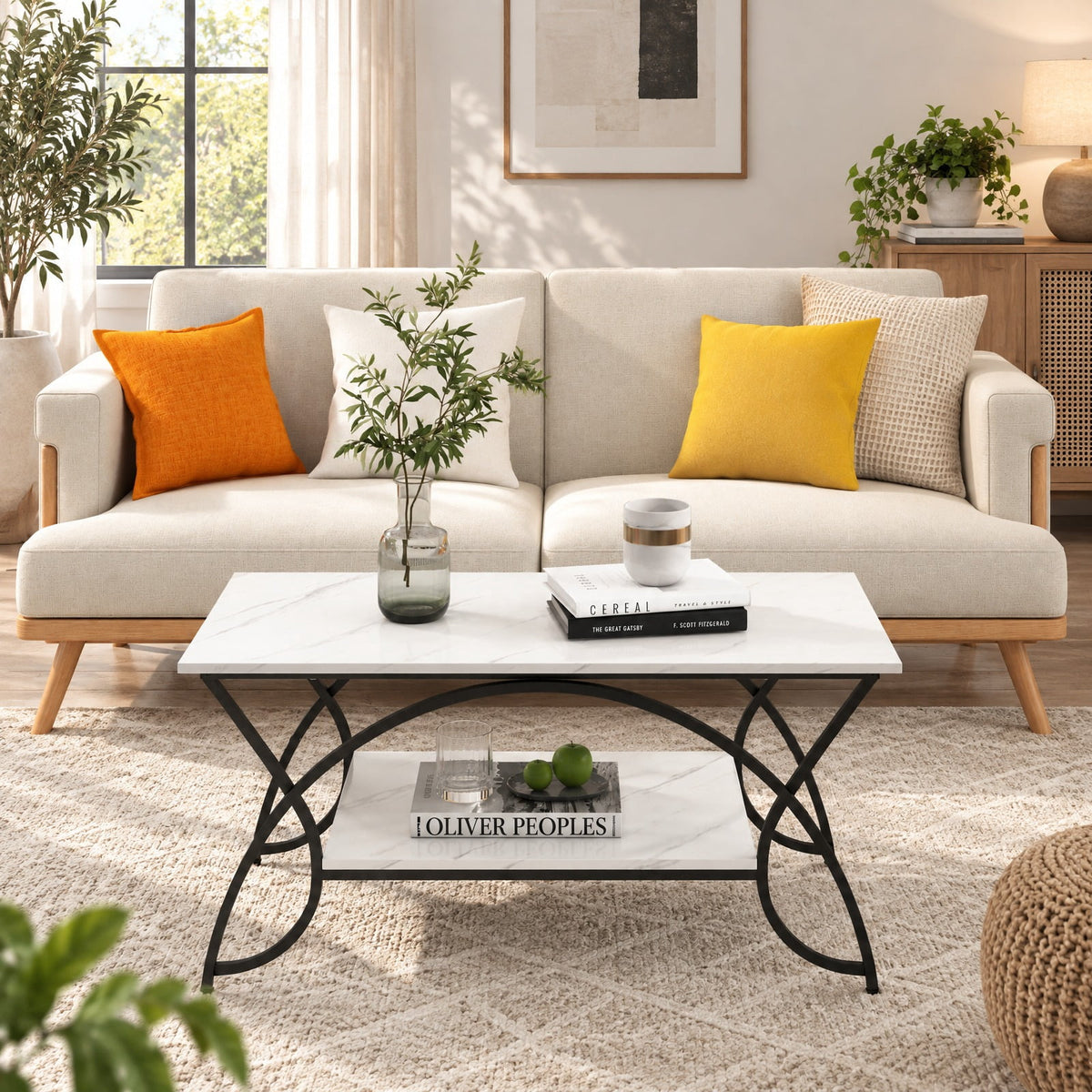 Airfind 2-Tier Faux Marble Coffee Table with Marble Top and Metal Frame, 110 lbs Capacity, Engineered wood steel Frame, Black White