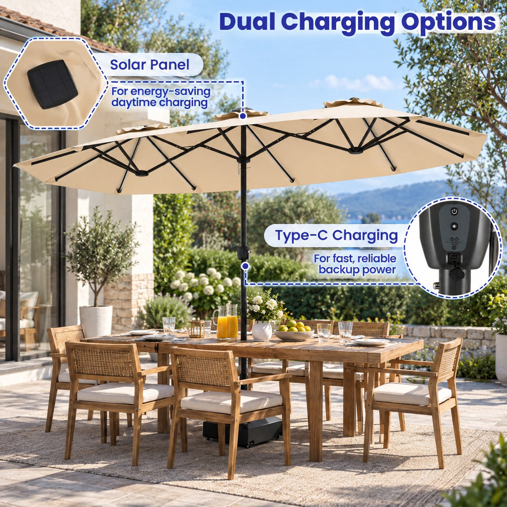 Airfind 13 FT Double-Sided Patio Umbrella with Color-Changing Flowing Solar LED Lights, Polyester Fabric Metal Frame, 13 x 7 ft Footprint, Beige
