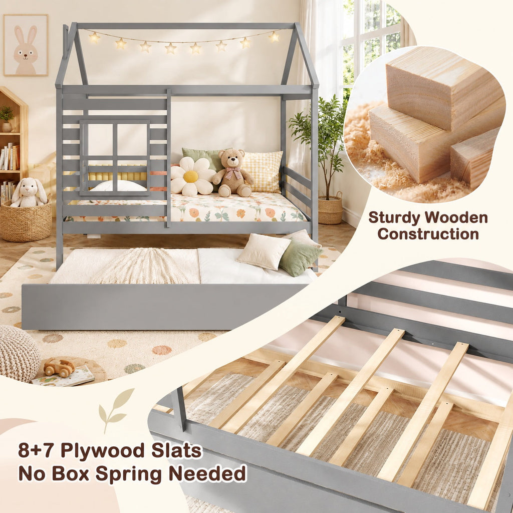 Airfind Twin Size Wooden Platform House Bed with Trundle and Roof, 250 lbs Capacity, Solid Wood Plywood Slats Engineered Wood Frame, Grey