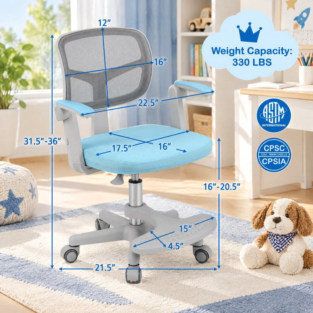 Airfind Kids Desk Chair Children Study Chair with Adjustable Height Armrest and Footrest, 330 lbs Capacity, PU Frame, Blue