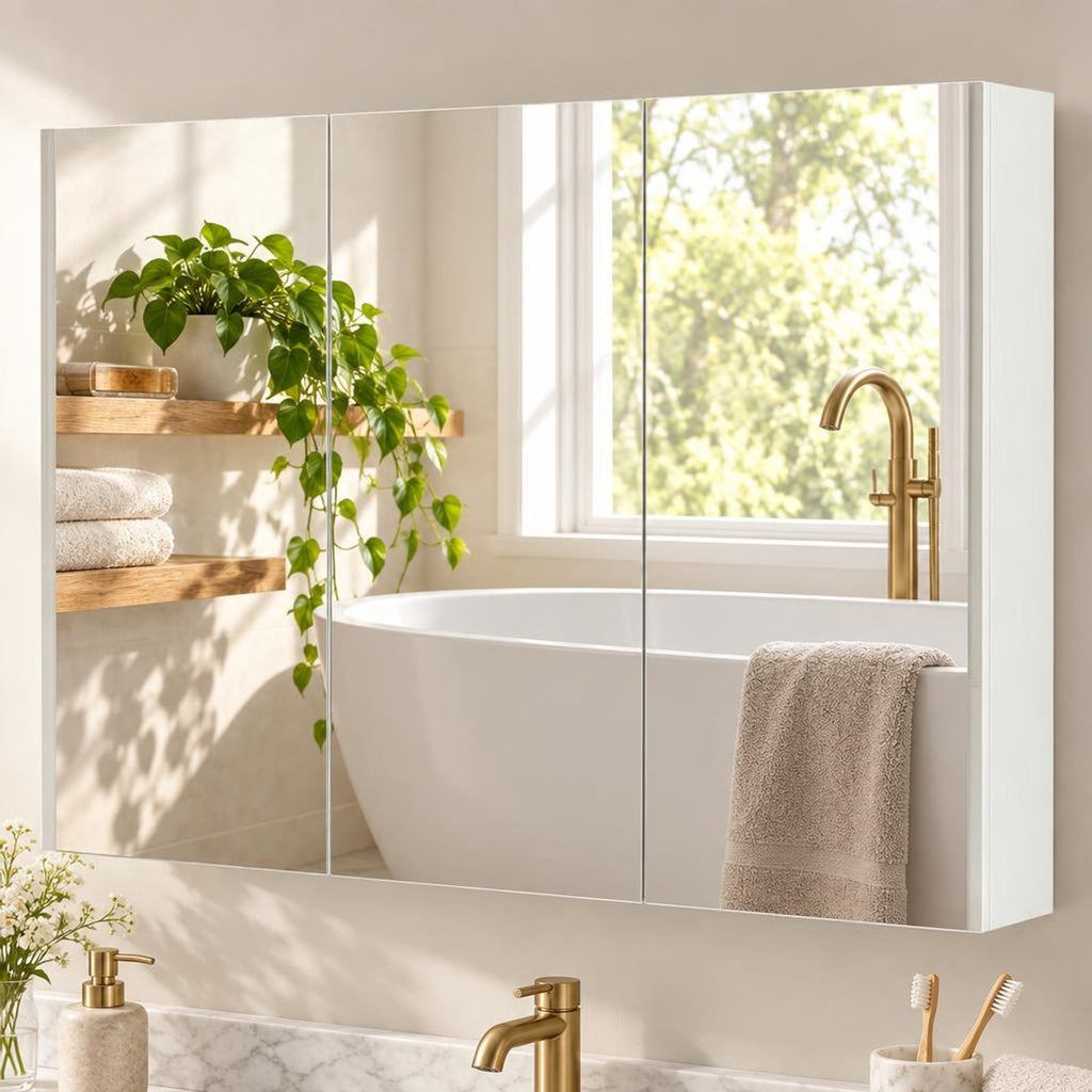 Airfind Frameless Bathroom Wall Mounted Mirror Cabinet with 3 Doors, Engineered Wood Glass Frame, 34.5 Inch x 5 Inch x 25.5 Inch (L x W x H). Footprint, White