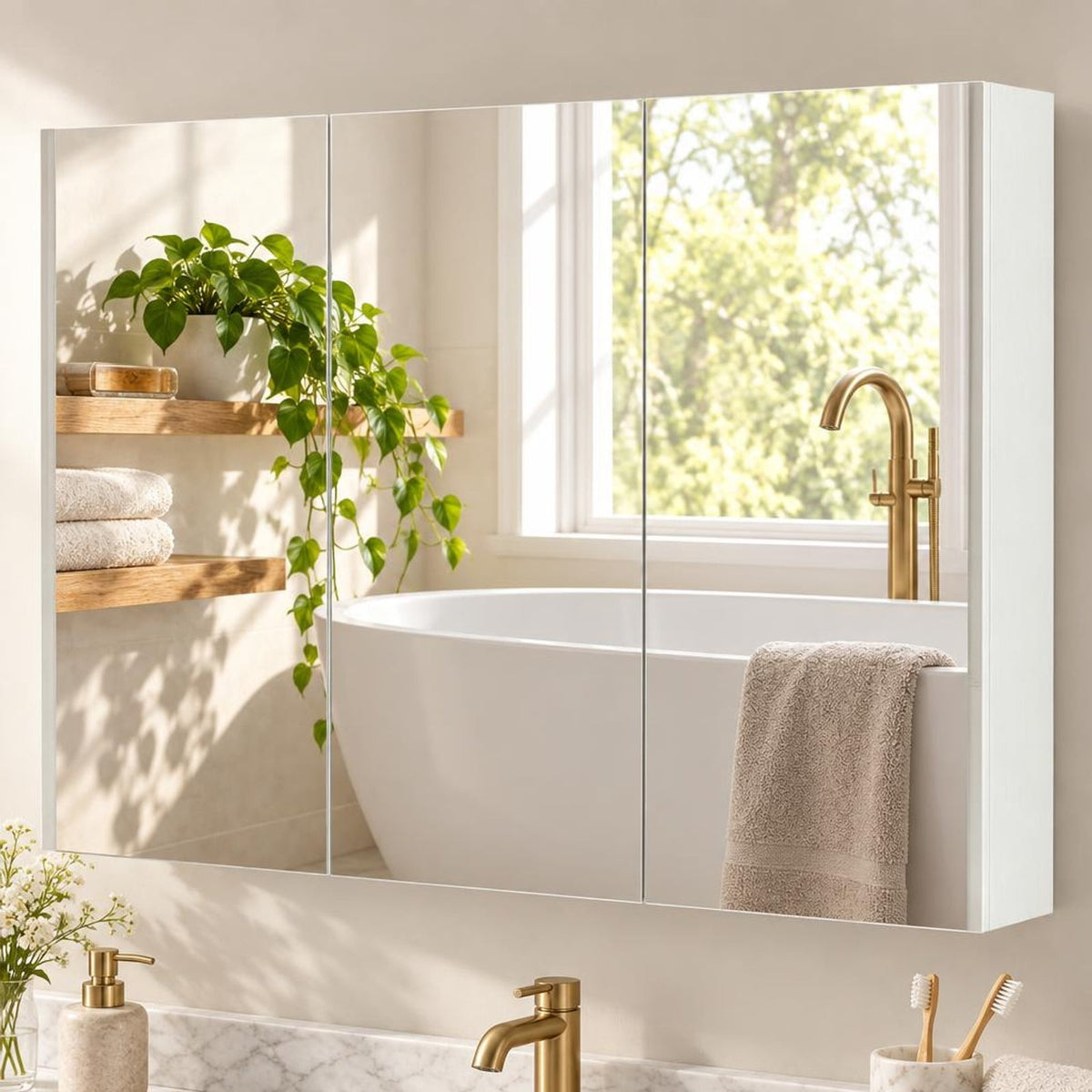 Airfind Frameless Bathroom Wall Mounted Mirror Cabinet with 3 Doors, Engineered Wood Glass Frame, 34.5 Inch x 5 Inch x 25.5 Inch (L x W x H). Footprint, White